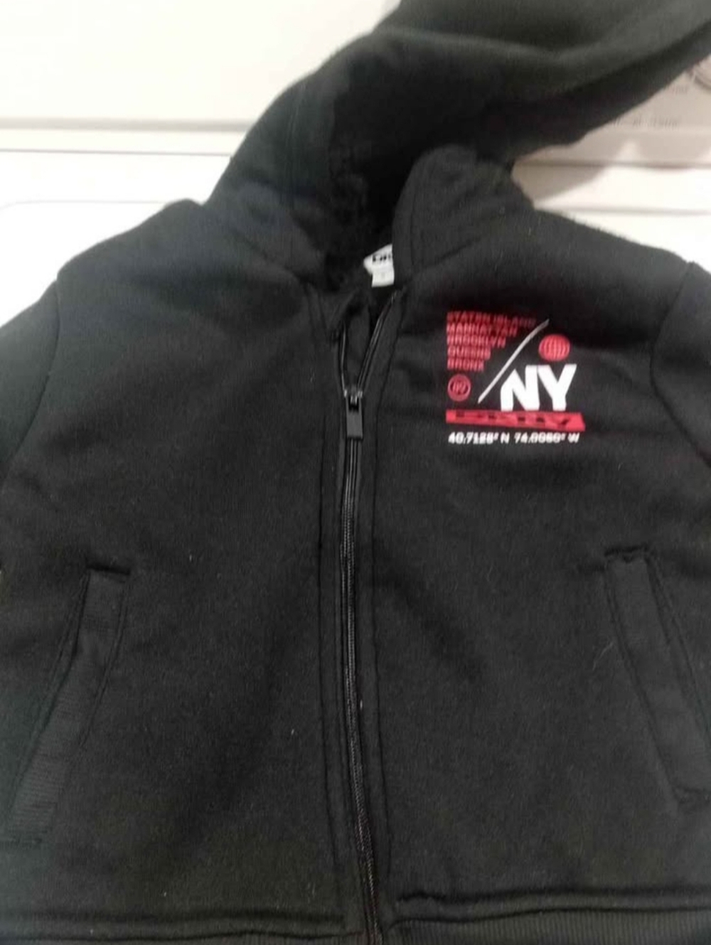 DKNY Black Hooded Kids Jacket with Red NY Graphic